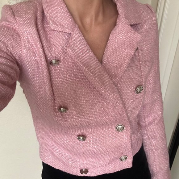 Vintage pink tweed cropped long sleeve double breasted blazer suit jacket - Picture 5 of 11